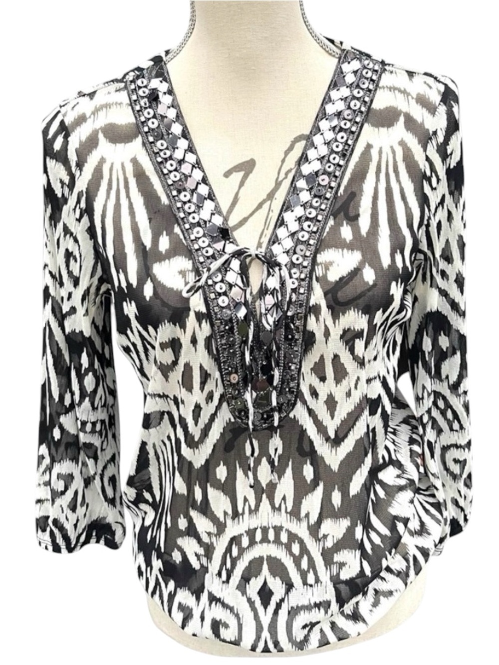 INC International Concepts Black/White Print Sheer Embellished V-Neck Top (M)